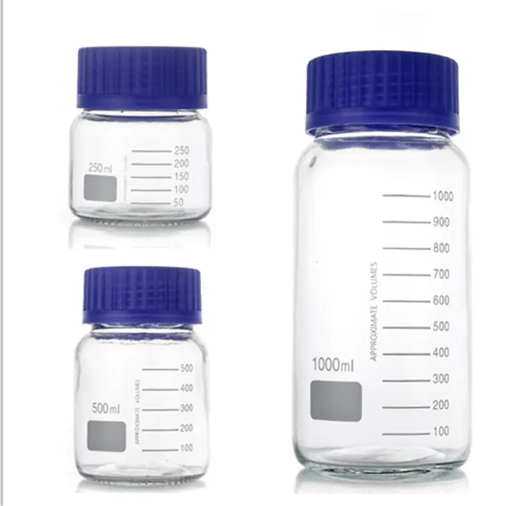 Factory Wide Mouth 1 Liter Lab Glass Reagent Bottle 1000ml Borosilicate Media Storage Jar With Blue Screw Cap