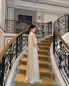Abito lungo da donna beige in raso con maniche a cappa, senza maniche, collo alto, elegante <span class=keywords><strong>per</strong></span> serate formali, feste, balli di fine anno, matrimoni e occasioni speciali - Product Image 4