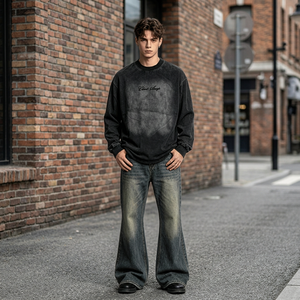 Custom 100% Cotton 280gsm French Terry Vintage Wash Black <b>T</b>-<b>shirt</b> Oversized Long Sleeve Tee <b>Men</b> Rhinestones Graphic <b>Shirts</b> - Product Image 3