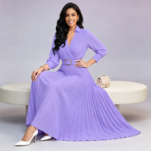 Purple Pleated Maxi <b>Dress</b> V Neck <b>Long</b> Sleeve Belted <b>A</b> Line Woven Casual <b>Dress</b> <b>for</b> Office <b>Party</b> - Product Image 1