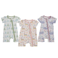 Combinaison courte en 95% Viscose de bambou 5% Spandex pour nouveau-né, vêtements unisexes pour bébé, manches courtes, fermeture éclair, barboteuse imprimée