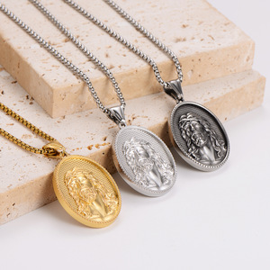 Bijoux religieux, acier inoxydable anti-ternissement, plaqué or 18 carats, pendentif ovale rétro en forme de Jésus, collier - Product Image 6
