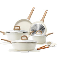 Set pot memasak anti lengket, 10 buah panci Set dengan pegangan kayu lapisan marmer putih granit aluminium Die Cast tahan lama induksi peralatan masak