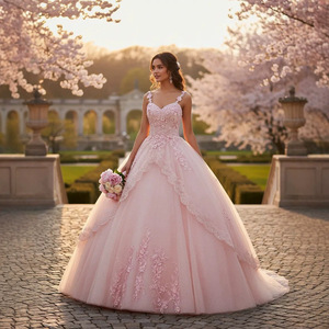 Robe de mariée rose clair à col halter, en tulle floral 3D, avec longue traîne, taille haute, épaules dénudées, pour soirée, tailles SMLXLXXLXXXL - Product Image 1