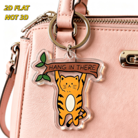 Porte-clés en acrylique imprimé UV Hang There Cat, motif chat tigré orange suspendu à une branche, bannière motivante, breloque transparente double face imperméable