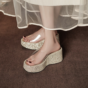 528A Women's <b>Wedges</b> <b>Sandals</b> Open Toe <b>Platform</b> PVC Lining Rhinestones Height Increasing Slip-On Summer Shoes - Product Image 3