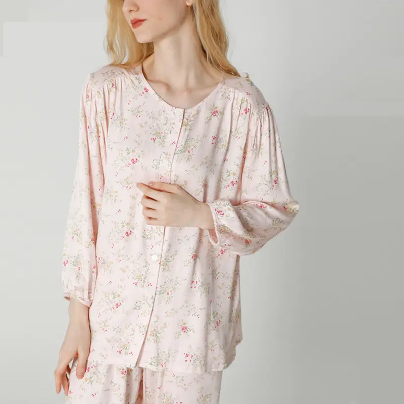 사랑스러운 핑크 꽃 무늬 프린트 패턴 비스코스 잠옷 잠옷 원피스