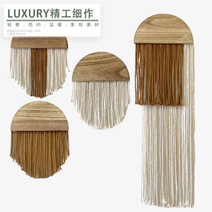 Tapiz Bohemio con Borlas, Decoración Nórdica de Algodón Hecha a Mano, Adorno Colgante Semicircular de Madera Maciza para Decoración del Hogar - Product Image 1