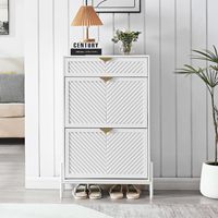 Lemari Sepatu Lipat, Rak Pintu Masuk Putih Sempit dengan Organizer Berdiri Sendiri Bermotif Kayu Miring dengan Kompartemen yang Dapat Disesuaikan