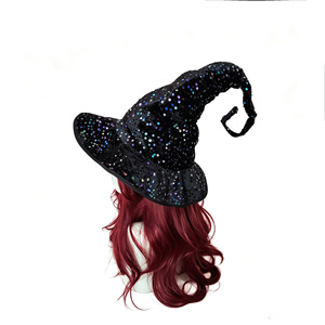 Chapeau de sorcière à paillettes scintillantes, pointe incurvée et pliable, design à large bord, pour Halloween, carnaval, jeu de rôle, fête à thème, costume, couvre-chef - Product Image 4