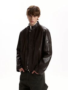 YACHEN 高品质男女通用复古奢华时尚短立领街头风格棕色 PU 皮革涂层冬季飞行员夹克 - Product Image 3