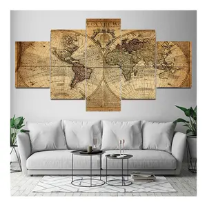 Wall Canvas Art 5 Panels Vintage Style World Map Print Modern Canvas Painting Wall Art For Wall Decor