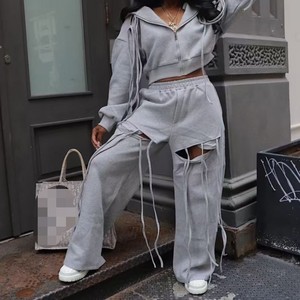 Nouveauté : Ensemble 2 pièces décontracté pour femme, pantalon ample à jambes larges avec fermeture éclair unique à capuche, vêtements de sport tendance - Product Image 6