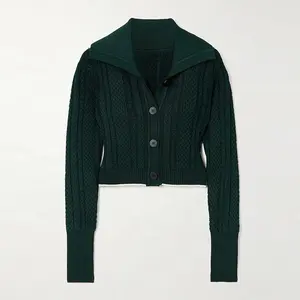 Knitwear Manufacturer Custom Spring Autumn Green Lapel Long Sleeve Single Breasted Women's Knit Cardigan Sweater
