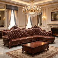 Ensemble de canapés en cuir véritable de style européen, canapé sectionnel en forme de L, cadre en bois sculpté à la main, meubles de salon, vente en gros