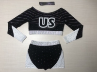 Uniforme de cheerleading K-pop noir et argenté à manches longues, épaules dénudées, avec strass scintillants, pour spectacle d'équipe
