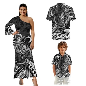 Personnalisé noir et blanc famille Couple ensemble polynésien Tribal <span class=keywords><strong>tatouage</strong></span> conception une épaule sirène robe de soirée - Product Image 2