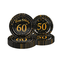 Ensemble de vaisselle jetable pour anniversaire 40, 50, 60 ans, noir et or, assiettes en papier, gobelets, serviettes, nappe, fournitures pour fête d'anniversaire pour adultes