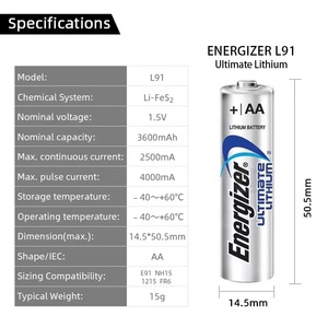 Pile au lithium <span class=keywords><strong>Energizer</strong></span> L91 1,5 V AA résistante aux hautes et basses températures pour télécommande - Product Image 2