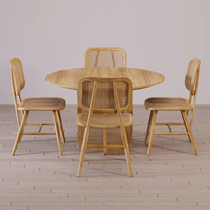 Silla de Restaurante Rene Retro de Madera de Teca Maciza con Detalles de Ratán, Acabado Natural, para Hogar, Bar, Hotel, Exterior, Restaurante de Estilo Rústico - Product Image 1