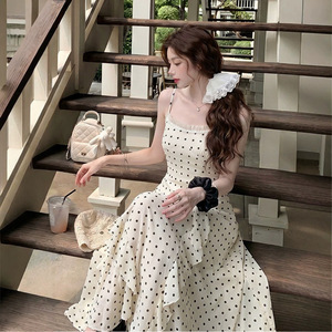 French Polka Dot Sundress Women Summer Ruffled A Line Long Skirt Spaghetti Strap Casual Dress Daily Wear Beach Travel - Product Image 4