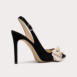 Sandali con Tacco Alto Eleganti e Sexy per Donne Francesi, Design Floreale, Taglia Grande, in Microfibra Nera - Product Image 4