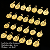 Vente en gros de breloques rondes en acier inoxydable plaqué or 14 carats avec 26 zircons, lettres initiales, pour collier, bracelet, artisanat, cadeau DIY