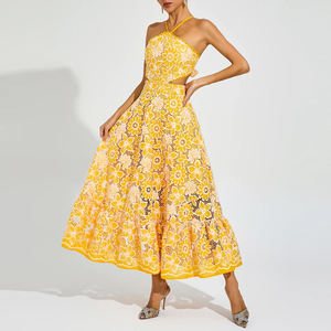 Abito personalizzato da donna estivo <span class=keywords><strong>giallo</strong></span> con taglio all'americana Maxi motivo floreale con decorazione in pizzo intrecciata - Product Image 6