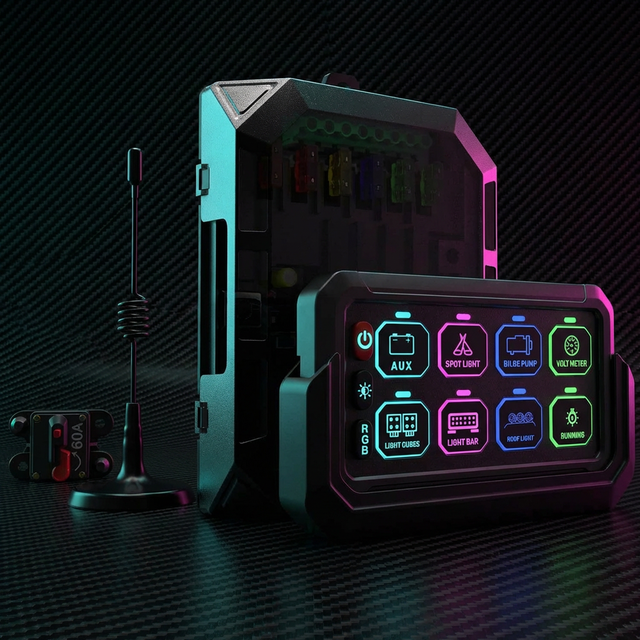Wireless App Control Solid State Relay RGB 8 Gang Switch Panel 60A SSR No Drilling IP68 Waterproof for Off-Road Marine Jeep