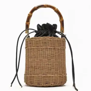 Wholesale Handmade Personalised Bamboo Handle Round Summer Straw Wicker Rattan Beach String Bucket Hand Bag