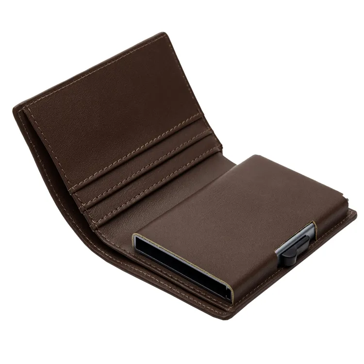 Dompet logam kulit Pop Up, dompet logam kulit pemblokir RFID, dompet tempat kartu kredit Aluminium otomatis