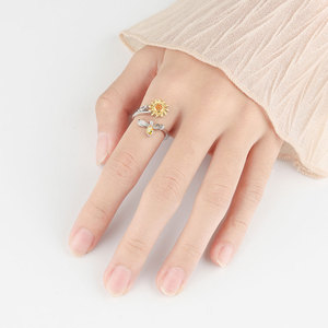 <span class=keywords><strong>Bague</strong></span> tournante réglable en argent plaqué avec zircone cubique en forme de tournesol et d'abeille pour femmes, <span class=keywords><strong>bague</strong></span> anti-anxiété, bijoux cadeau - Product Image 2