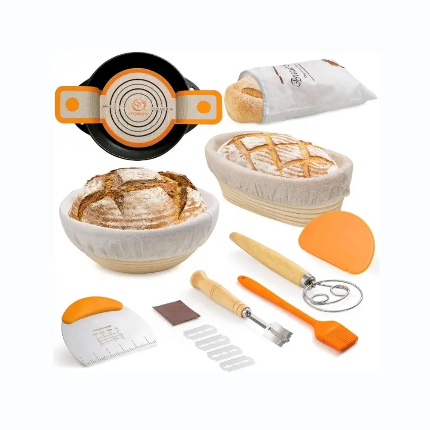 Bread Proofing Basket Set Supplies with Proofing Baskets Linen Liner Silicone Bread Sling Danish Dough Whisk Dough Scraper Kit