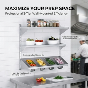 Étagère murale à trois niveaux pour bacs alimentaires en acier inoxydable, organisateur de cuisine avec étagères supérieures et inférieures pour bacs - Product Image 1