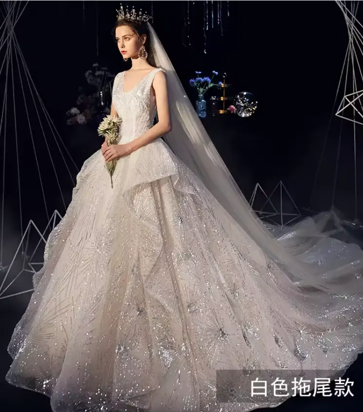 Starry wedding dress 2024 new French bride shoulders retro champagne color Sen series court super fairy long trailing tail is th