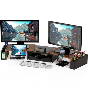 Solid Wood Multi Screen Monitor Riser Stand <b>Desktop</b> Storage Rack Office Organizer for Computer Workspace - Product Image 1