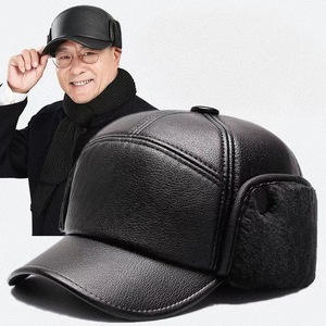 <b>Men's</b> <b>Winter</b> Leather Baseball Cap Fleece Lined Warm Windproof Ear Protection <b>Hat</b> For Middle Aged And Elderly <b>Men</b> - Product Image 1