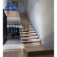 Escalier flottant intérieur en bois de style moderne AMAZBUILD avec rampe en verre trempé, fabrication chinoise, design modulaire