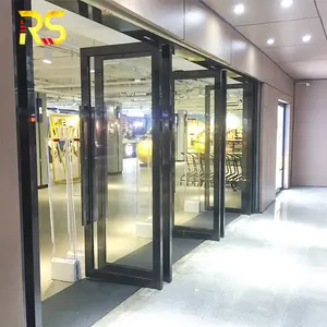 Foshan pintu masuk depan komersial modern pintu kaca tempered bingkai baja hitam untuk toko