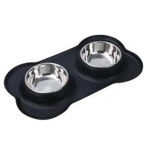 Wholesale Silicone Stainless Steel Double Collapsible Dog Bowl Spill Proof Dog Water Bowl China Pet Products In Stock