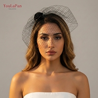 YouLaPan VA02 Voile de mariée élégant à motif floral, masque facial ajouré en résille pour femme, voile cage à oiseaux noir et blanc, accessoires de mariage
