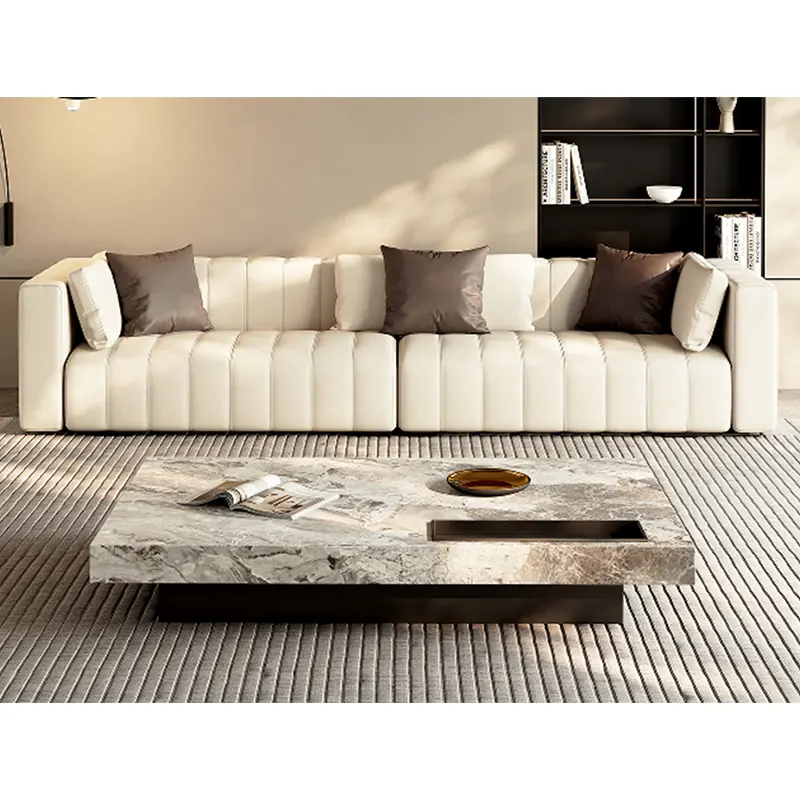 Sofá de couro de vaca minimalista com chave de piano, apartamento nórdico, sala de estar, moderno e simples, primeira camada
