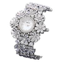 Pulsera de Lujo con Circonitas Cúbicas en Forma de Flor para Mujer, Brazalete de Cobre con Diamantes, Elegante Reloj de Cuarzo para Fiesta o Boda
