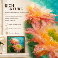 Peinture à l'huile abstraite de dahlias peints à la main sur toile, fleurs épineuses rouge corail et jaunes, fond turquoise, décoration murale artistique, vente en gros