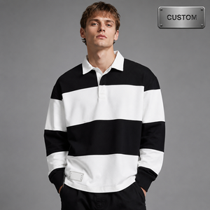 <span class=keywords><strong>Polo</strong></span> de rugby personnalisé pour homme, à blocs de couleur, manches longues, noir et blanc, style streetwear décontracté, pull 280 GSM pour marques de mode - Product Image 1