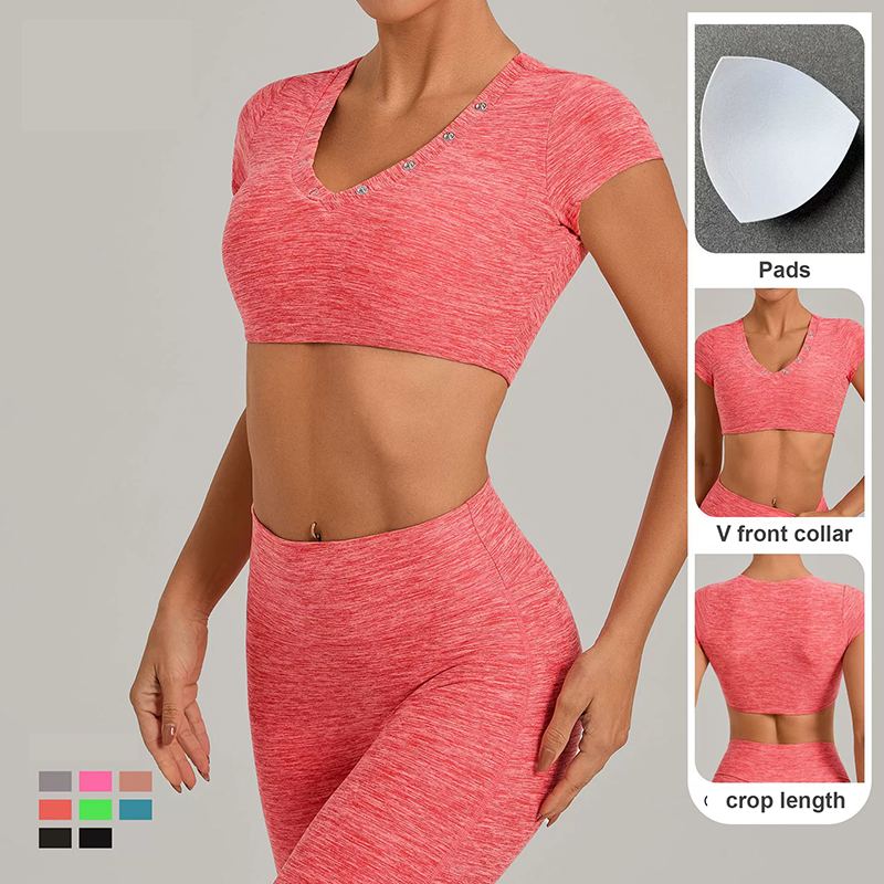 V Neck Button up Yoga Crop Top Short Sleeve Heather Sports T Shirt Slim Fit Naked Feel Fitness Workout Activewear Top