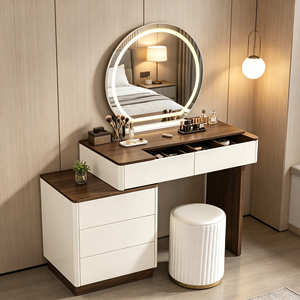 Tocador de maquillaje moderno blanco con espejo LED redondo, gabinete de almacenamiento y taburete para dormitorio. - Product Image 5