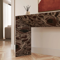 Table console en marbre KUMUSI Camilla Rosso Levanto/Beige Travertine/Arabescato Blanc - Hôtel Villa, taille personnalisable, facile à nettoyer