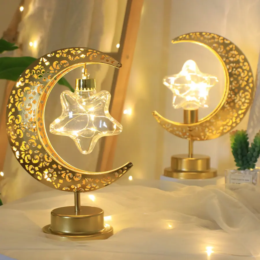 Hot bán EID ramadan đèn LED sắt nghệ thuật Rỗng ra mặt trăng lâu đài cung điện đèn chuỗi EID Đèn trang trí