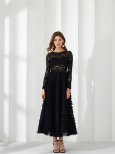 Nouvellement publié à manches longues robe trapèze élégante dentelle creuse transfrontalière pour les banquets et les fêtes couleur unie longueur au sol - Product Image 6